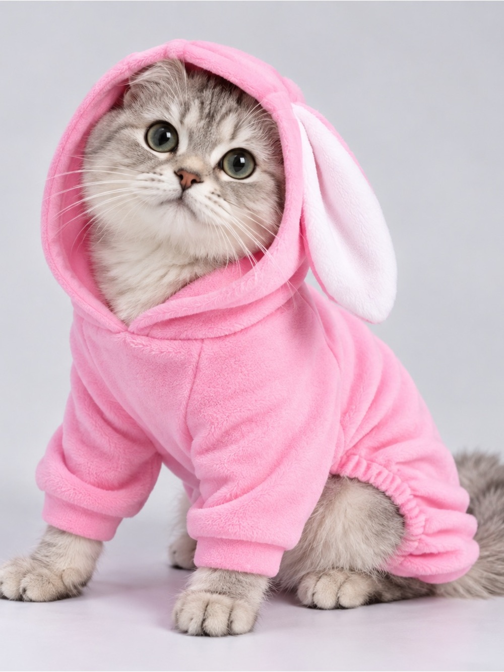 NWT Bunny Cat Costume — Fluffy Bunny Onesie with Hood & Ears — Pink — Size L